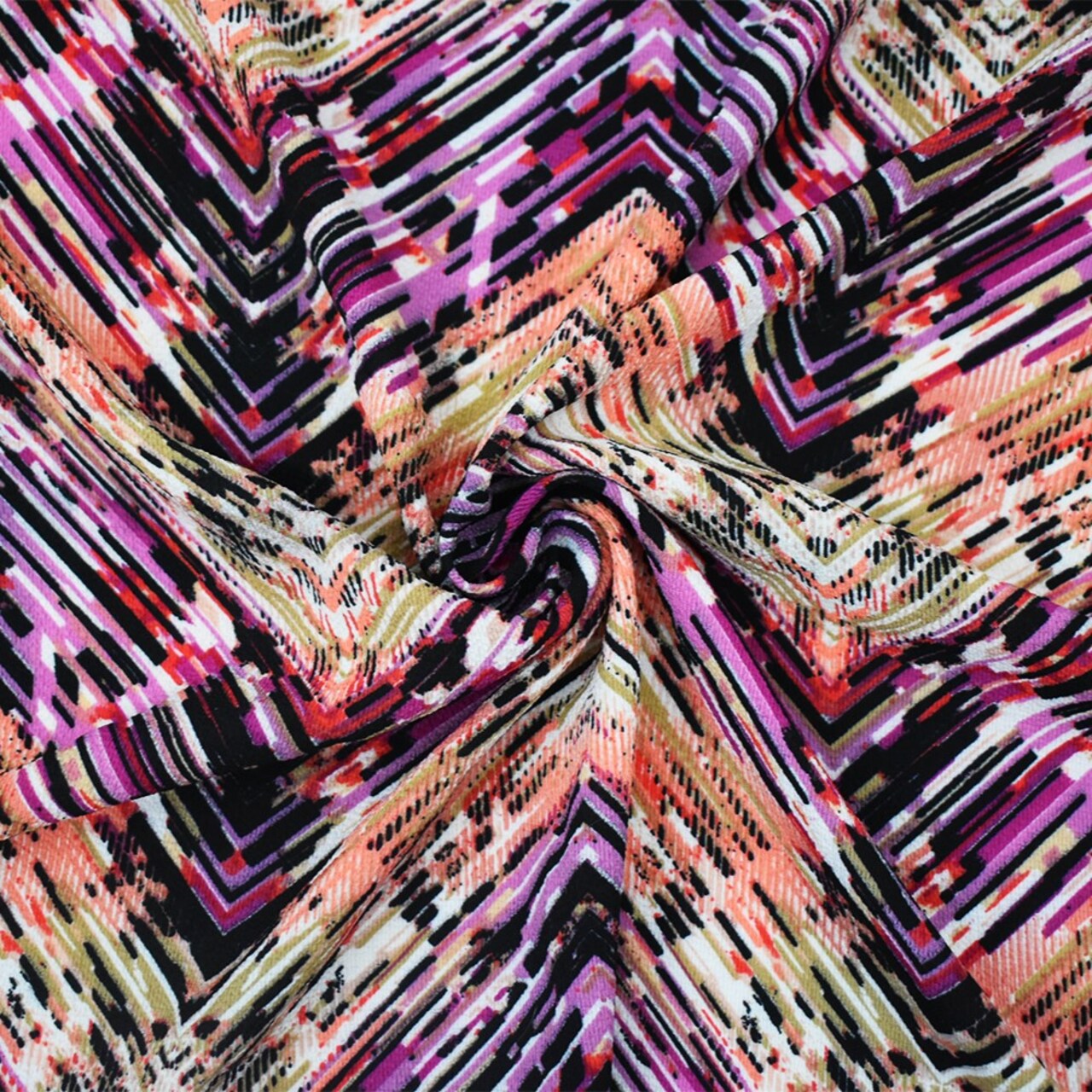 Purple-Coral-Multi Poly Abstract Tribal Chevron Printed Crepe Woven Fabric By the Yard